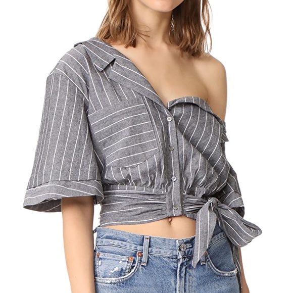LIKELY off the shoulder pinstripe gray crop top - Picture 2 of 6